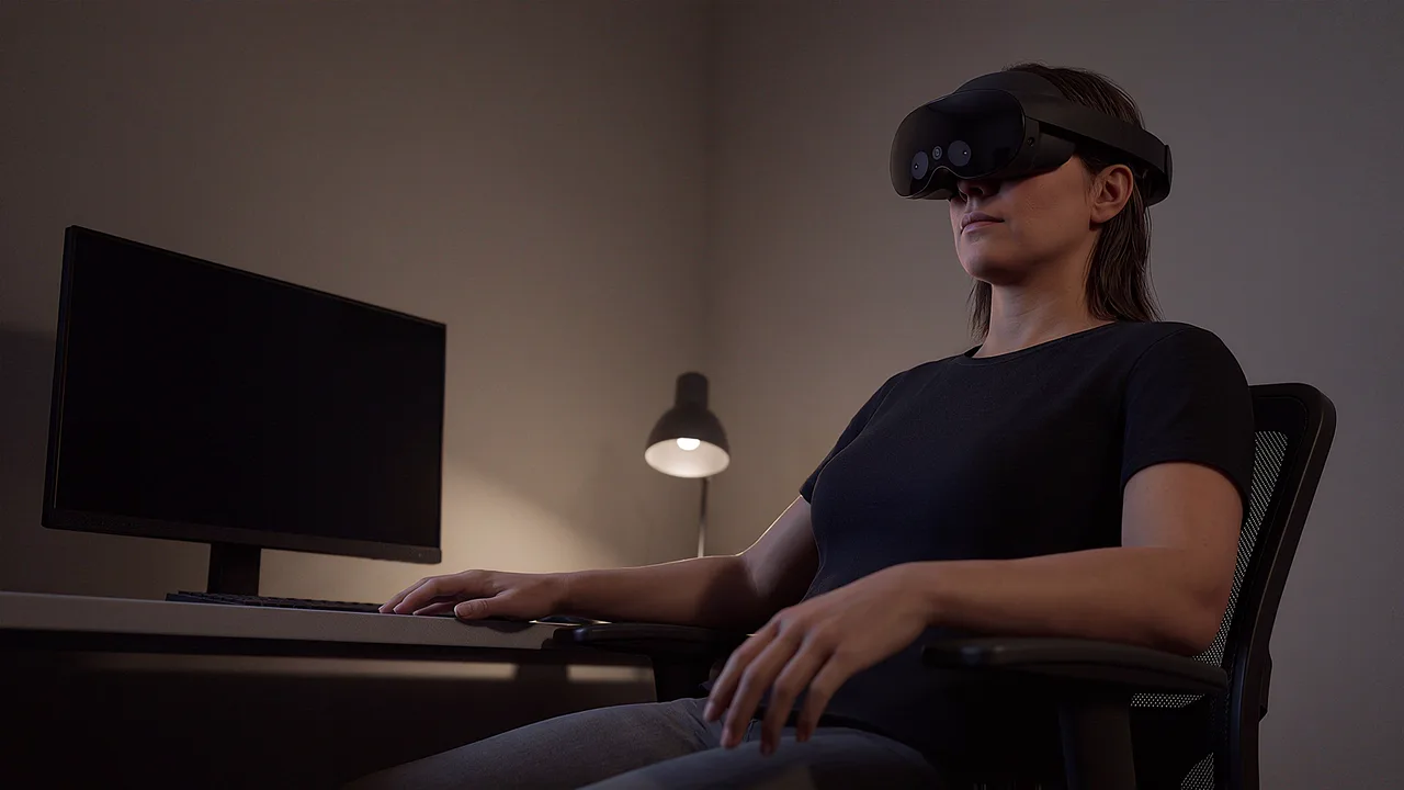 A radiographer sits alone in the reading room. A VR training scenario for healthcare.
