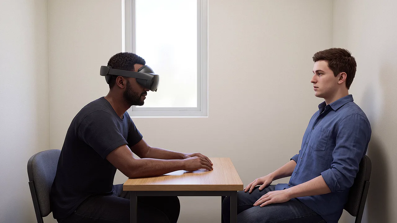 A bail support worker sits opposite a man. A VR training scenario for justice and community services.