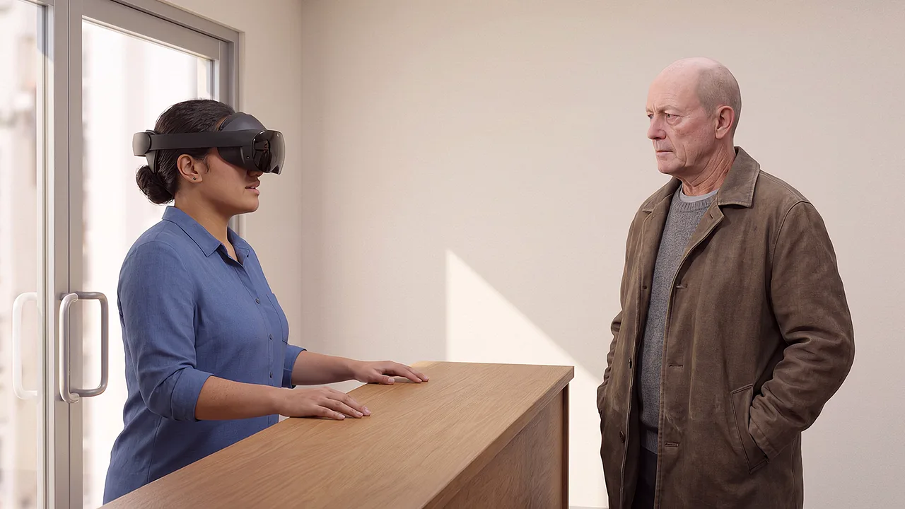 A charity advisor leans toward an older man. A VR training scenario for justice and community services.