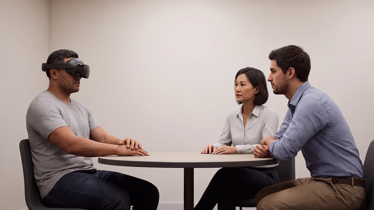 A facilitator leads a conversation around the table. A VR training scenario for justice and community services.