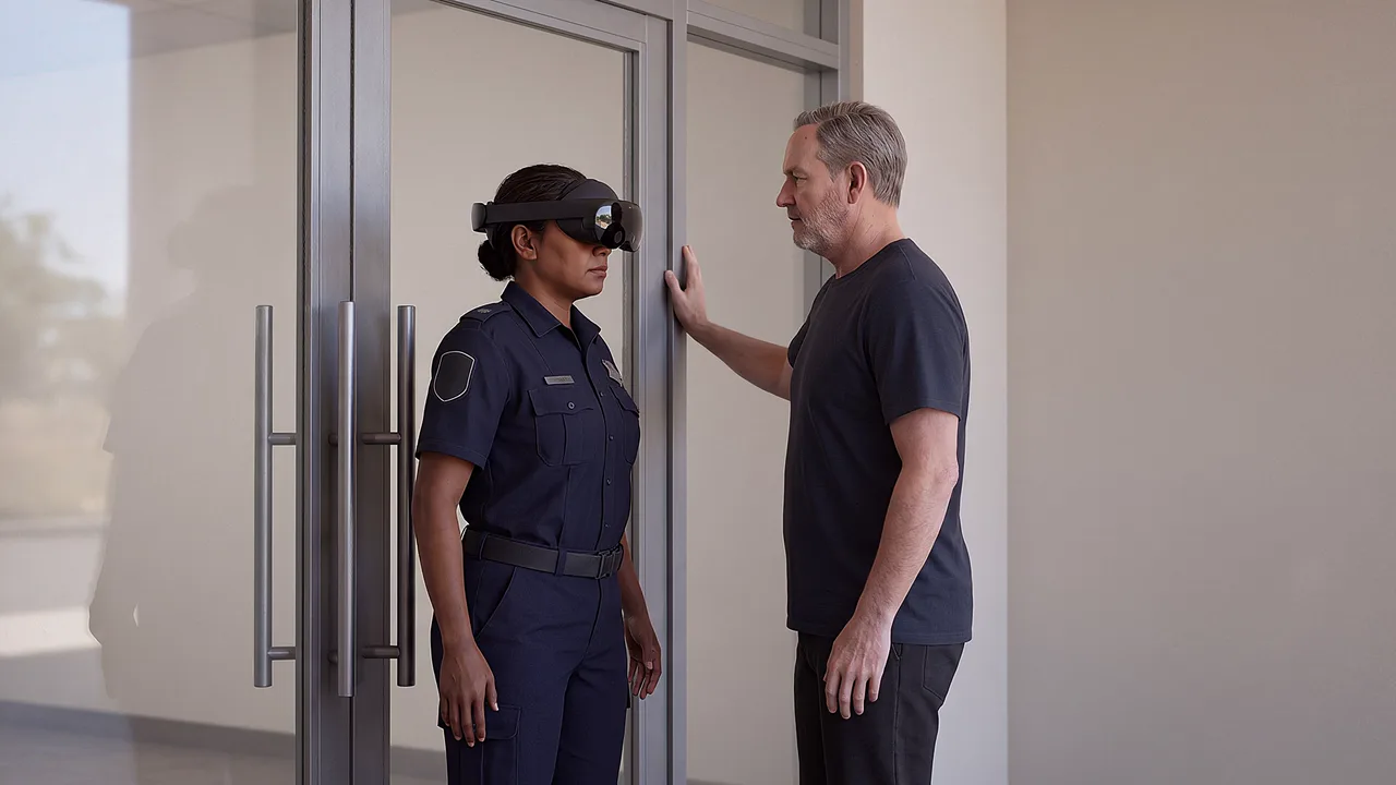 A sheriff's officer directs an older man inside. A VR training scenario for justice and community services.