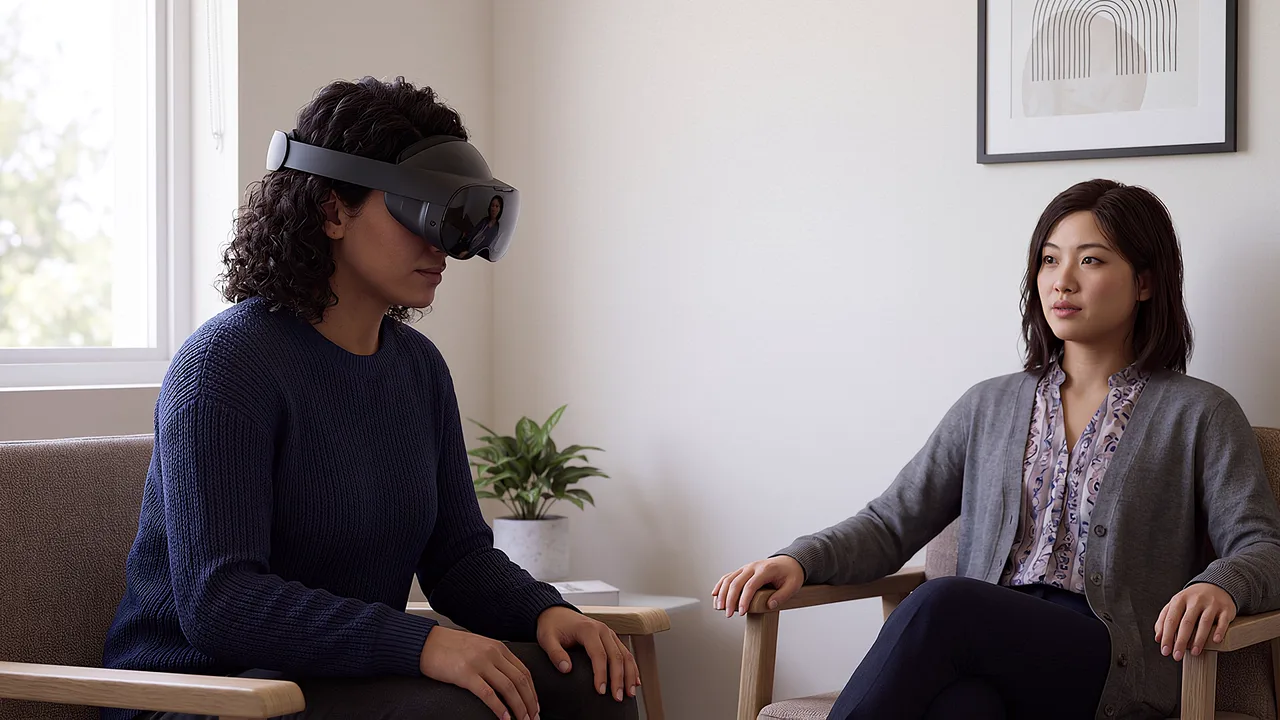 A family support worker sits with a woman. A VR training scenario for justice and community services.