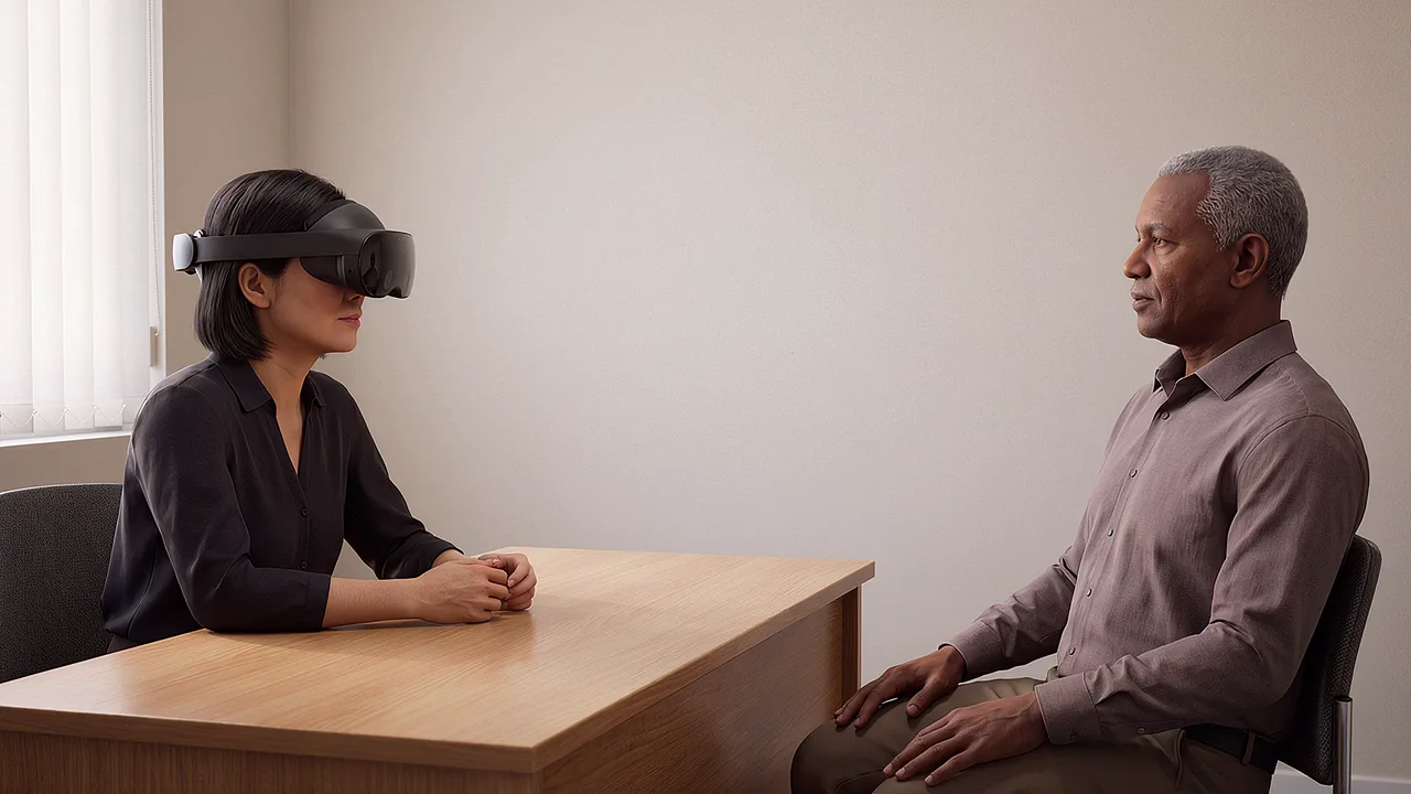 A financial counsellor speaks with an older man. A VR training scenario for justice and community services.