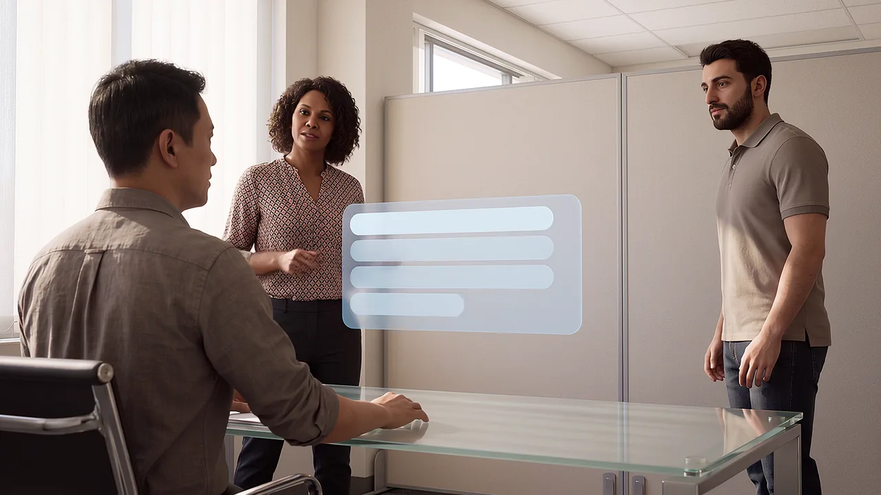 A seated man faces two colleagues spaced apart. A first person VR training scenario for justice and community services, seen through the headset.