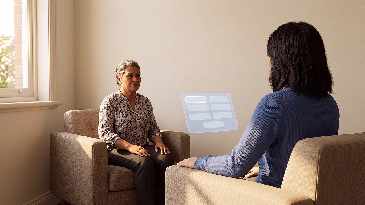 Two women sit apart in a victim-support office. A first person VR training scenario for justice and community services, seen through the headset.
