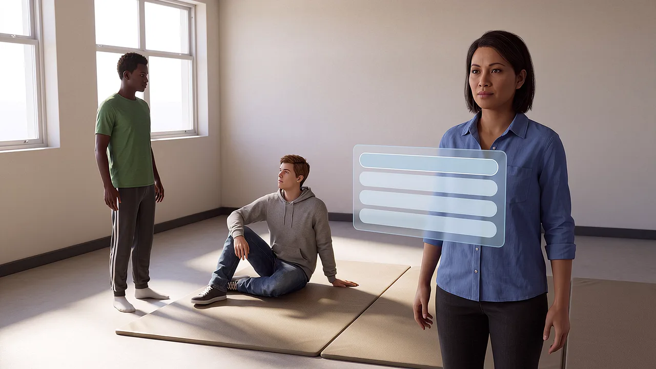 A facilitator faces two young men spaced apart. A first person VR training scenario for justice and community services, seen through the headset.