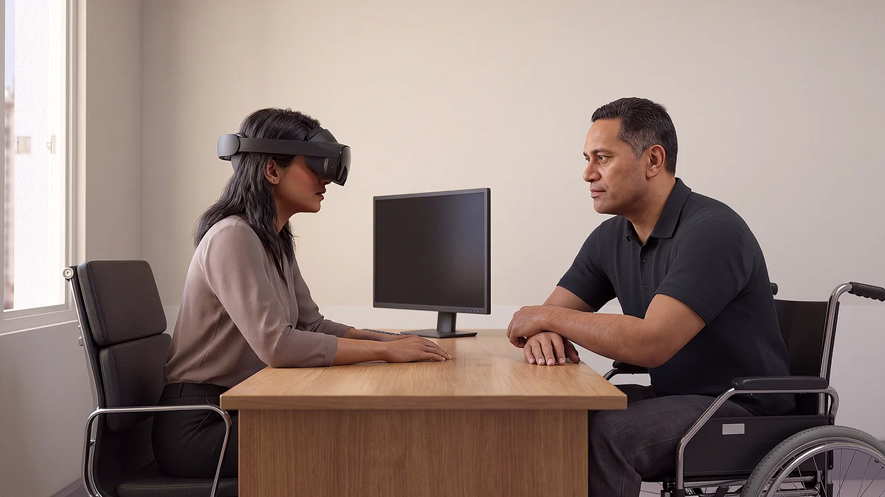 A wheelchair user talks options with a lawyer. A VR training scenario for justice and community services.