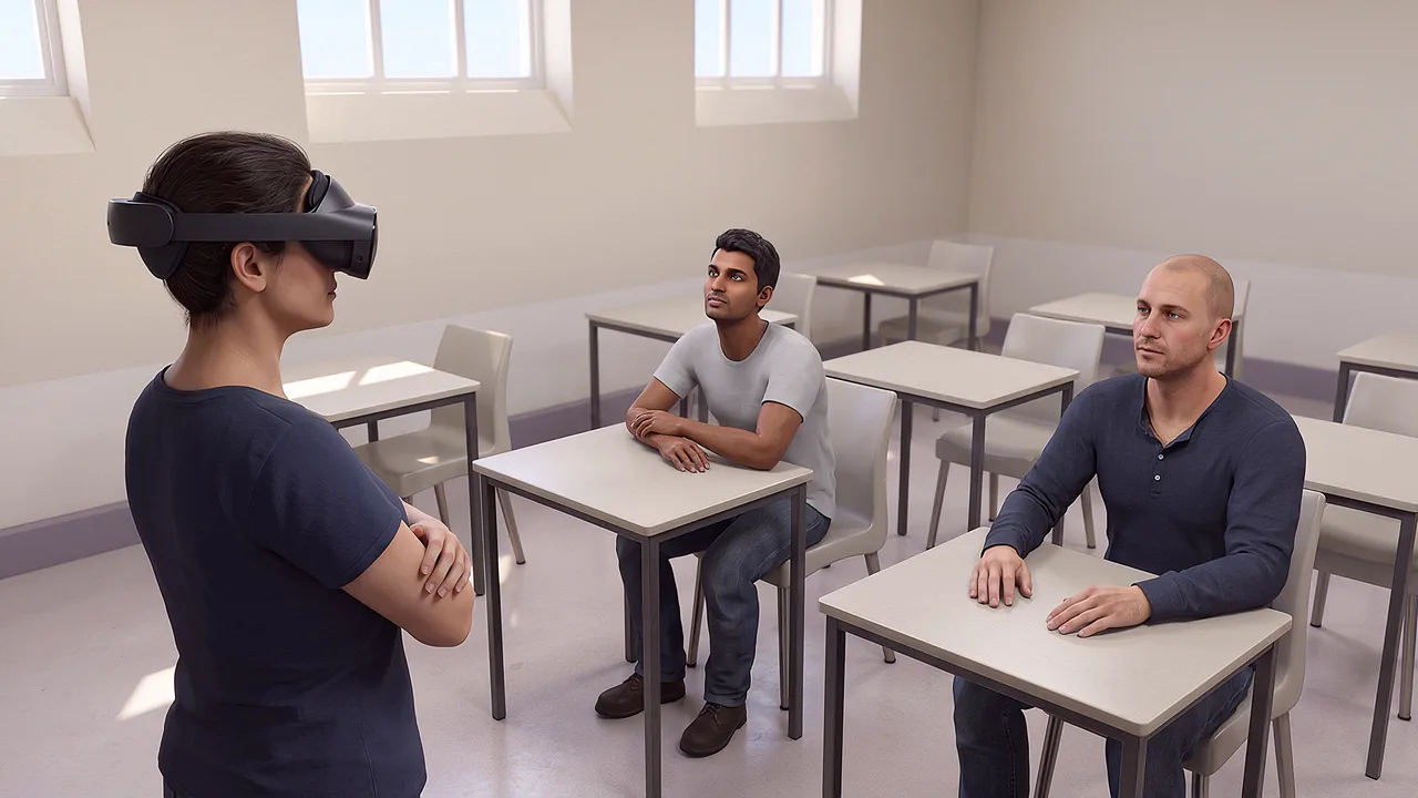A teacher faces two seated participants. A VR training scenario for justice and community services.