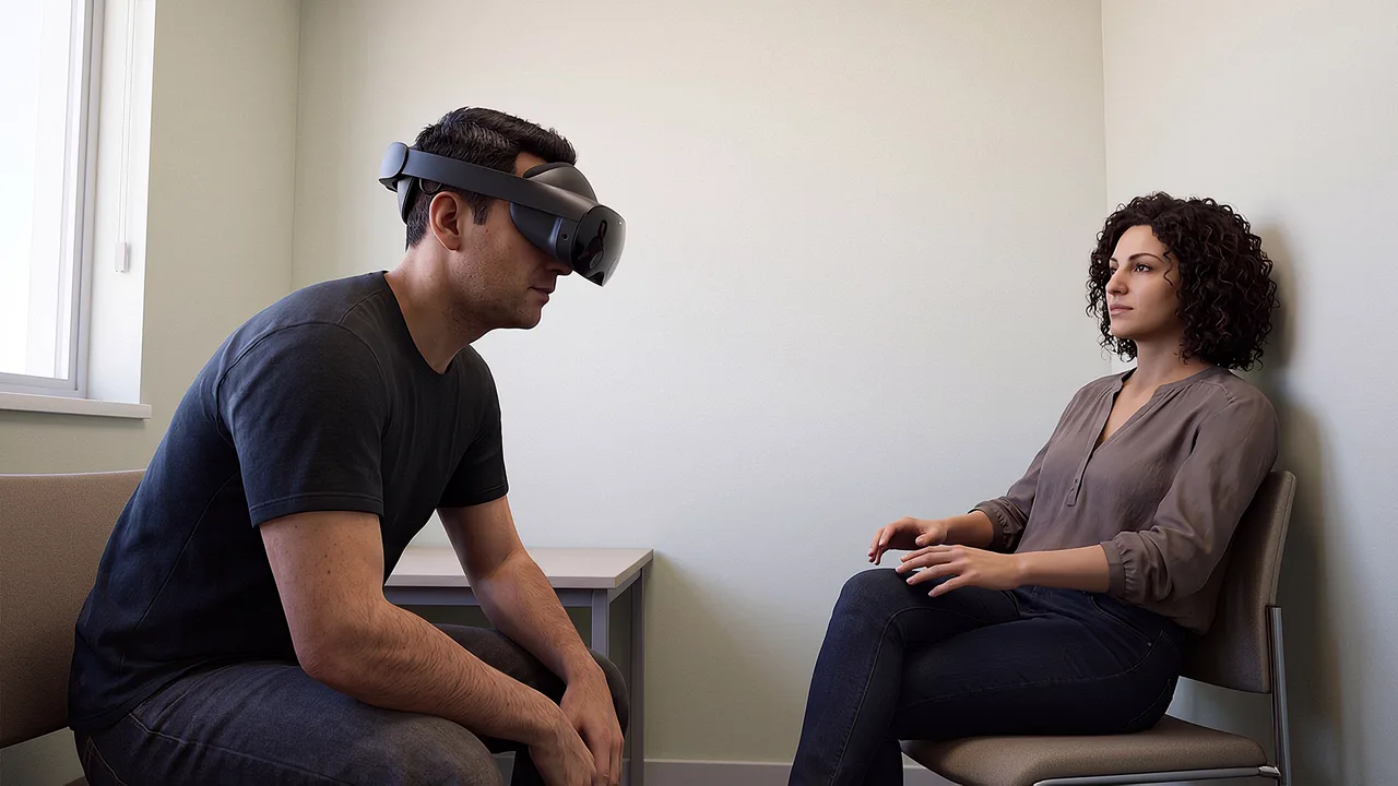 A facilitator follows up with a woman. A VR training scenario for justice and community services.