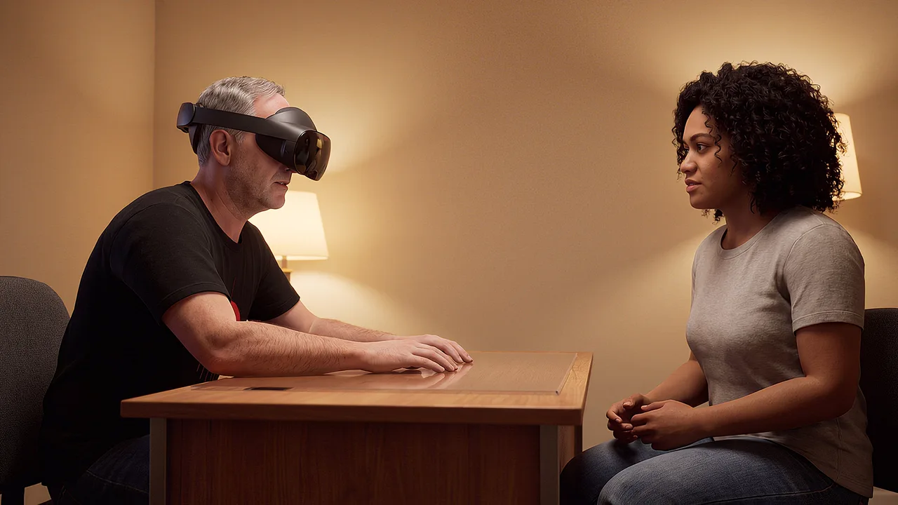 An intake worker speaks with a young woman. A VR training scenario for justice and community services.