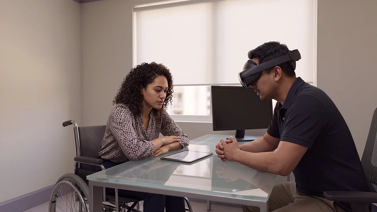 A VR justice and community services training scenario in which an advocate sits opposite a young woman in a wheelchair as she finalises her own support plan.