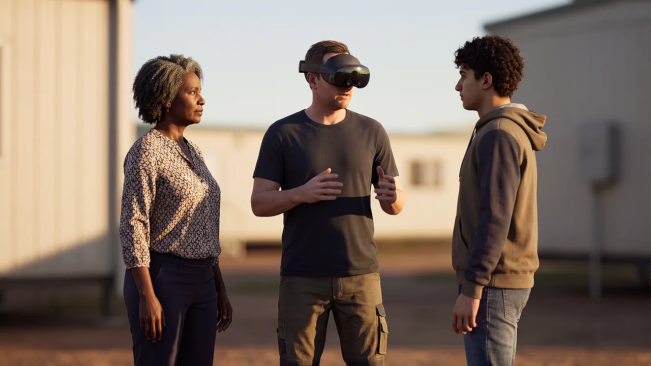 A safety officer briefs two residents at muster. A VR training scenario for mining and resources.
