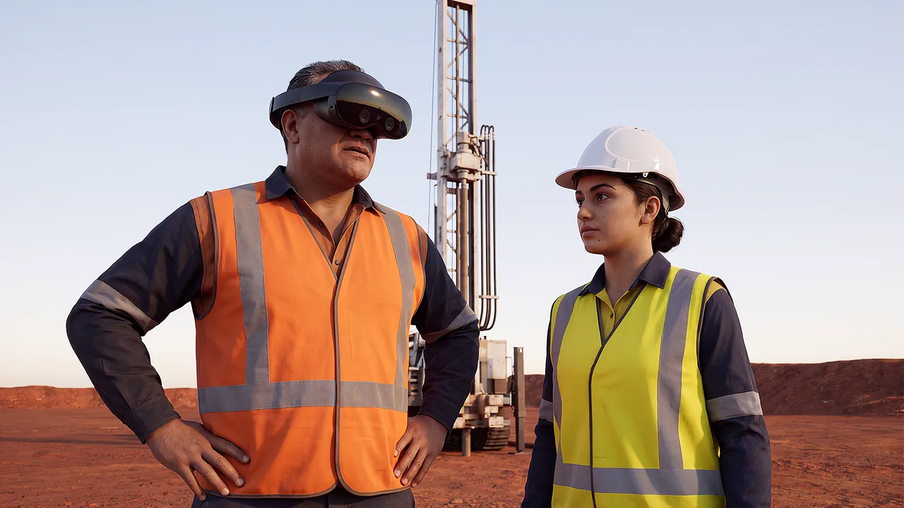 A supervisor briefs an offsider beside the rig. A VR training scenario for mining and resources.