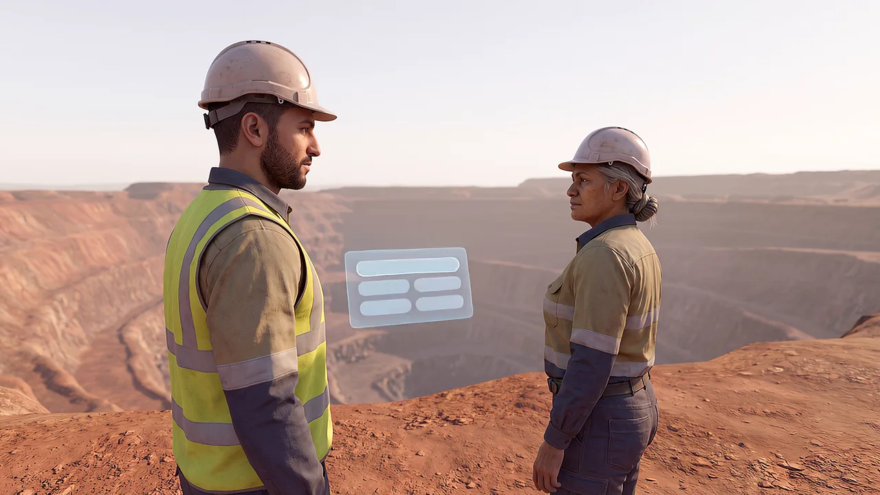 Two colleagues near the open pit edge. A first person VR training scenario for mining and resources, seen through the headset.