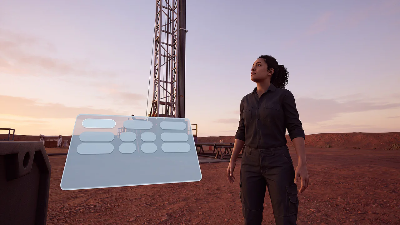 A drill operator looks up at the mast. A first person VR training scenario for mining and resources, seen through the headset.