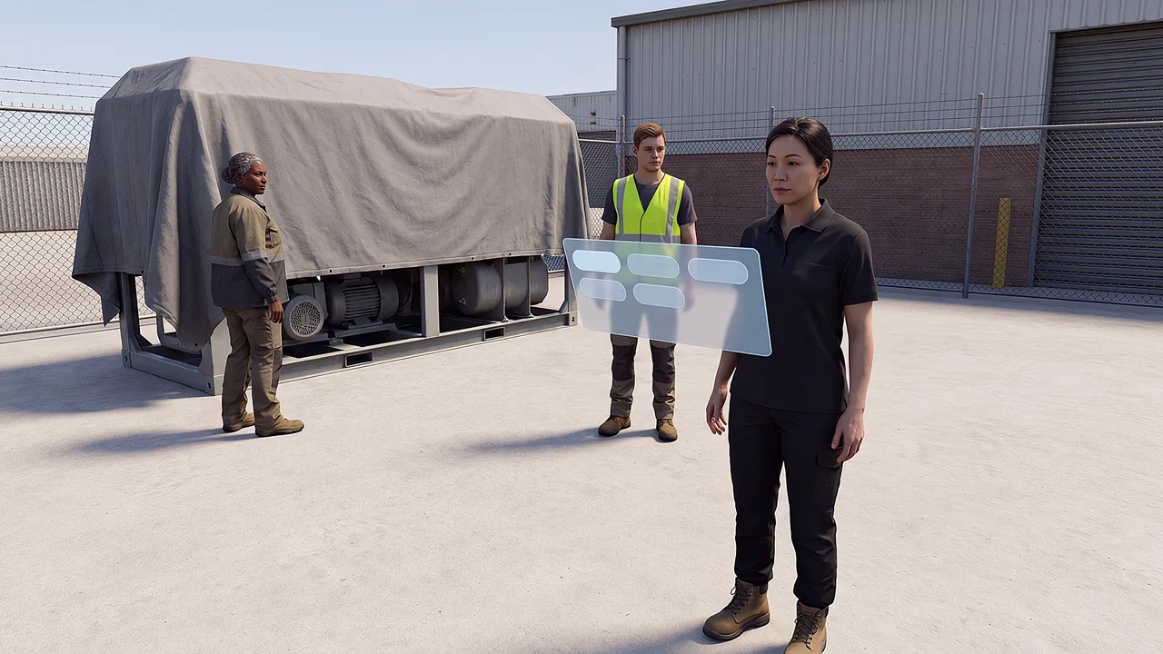 Three colleagues across a maintenance yard. A first person VR training scenario for mining and resources, seen through the headset.