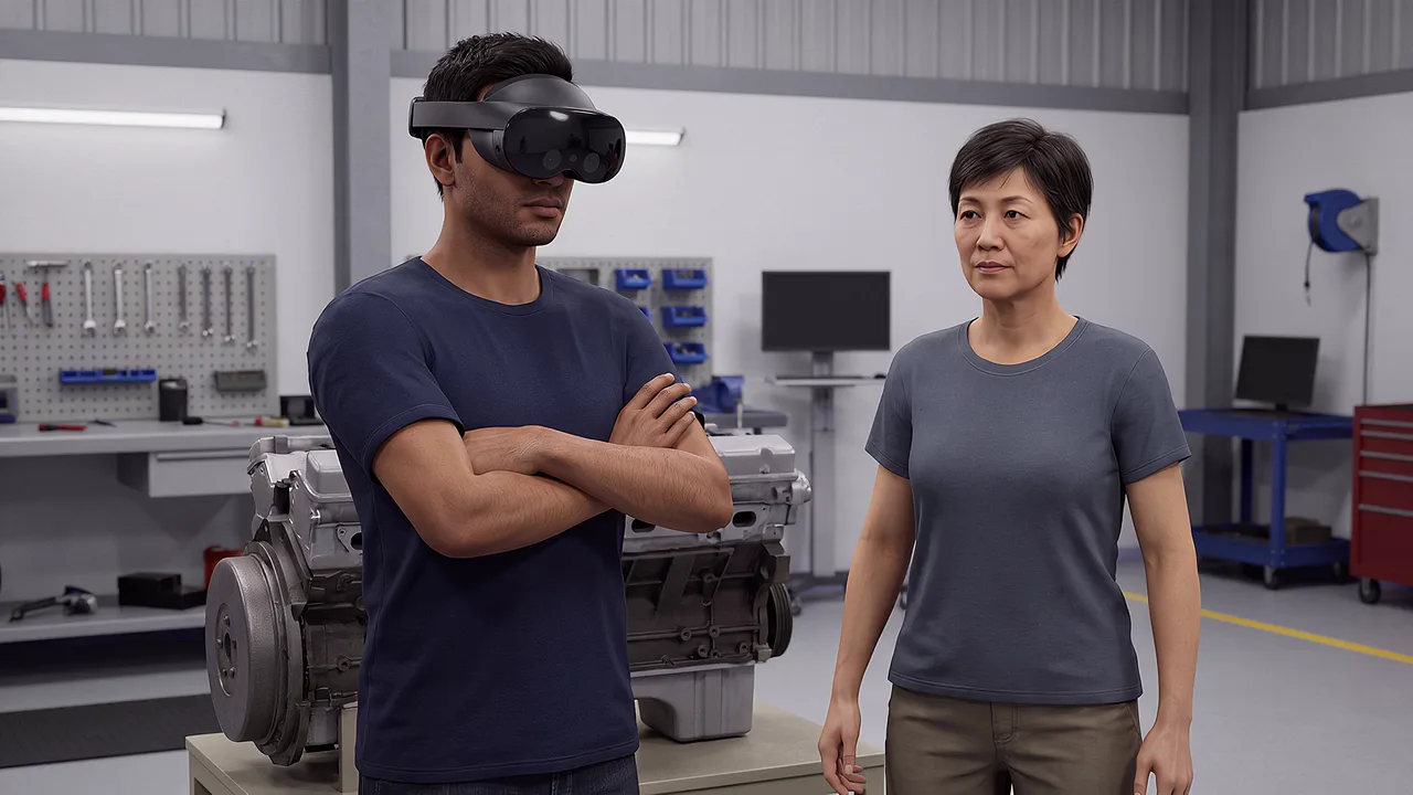Two fitters, one senior, stand beside machinery. A VR training scenario for mining and resources.