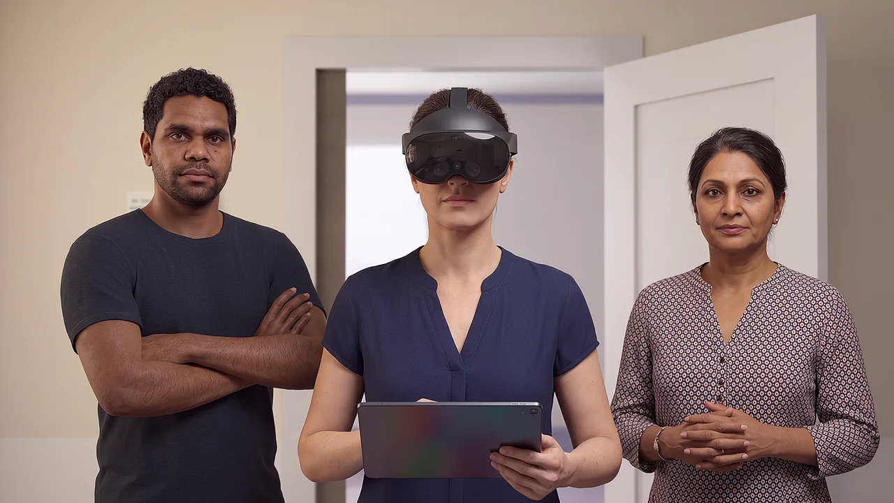 A permits officer reviews a screen with colleagues. A VR training scenario for mining and resources.