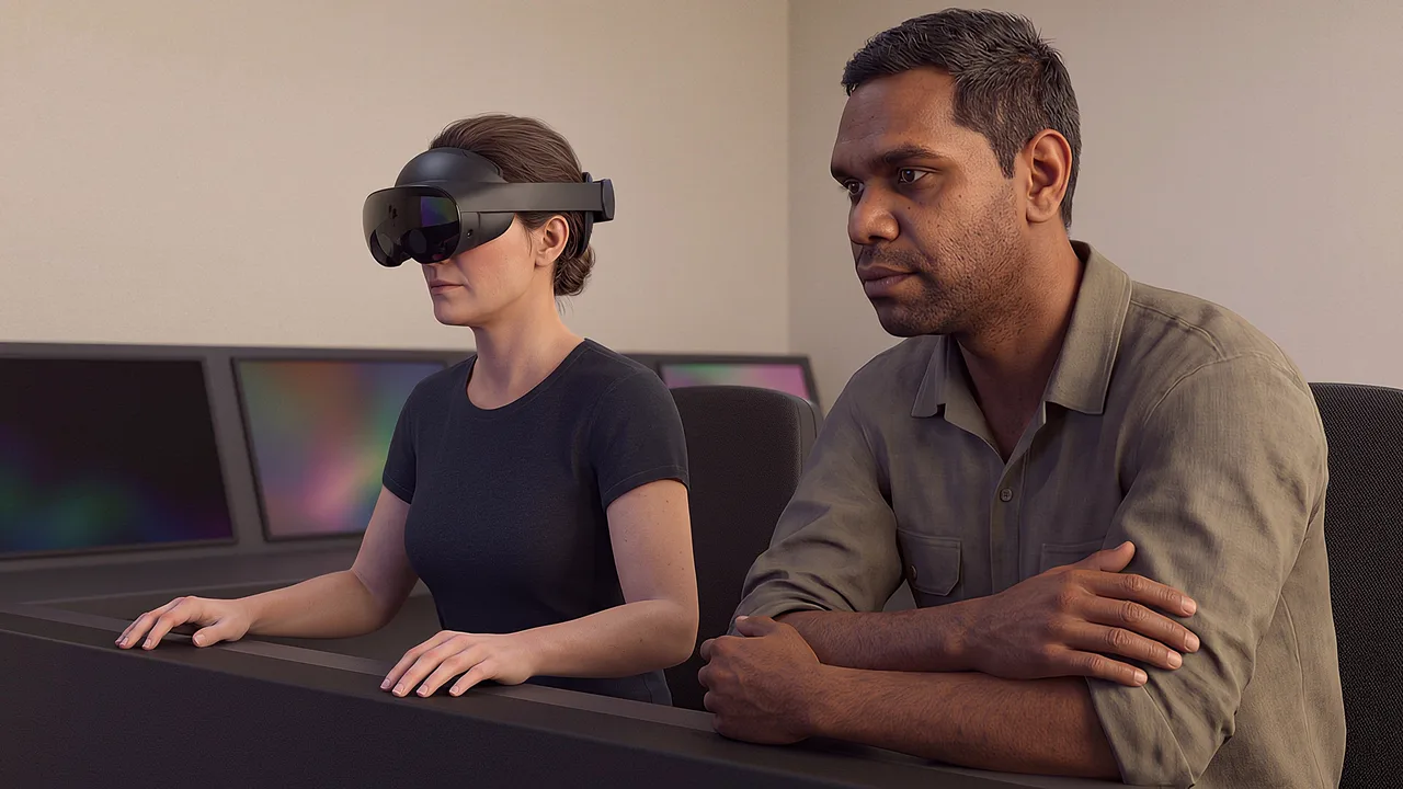 A lead and operator watch the plant console. A VR training scenario for mining and resources.