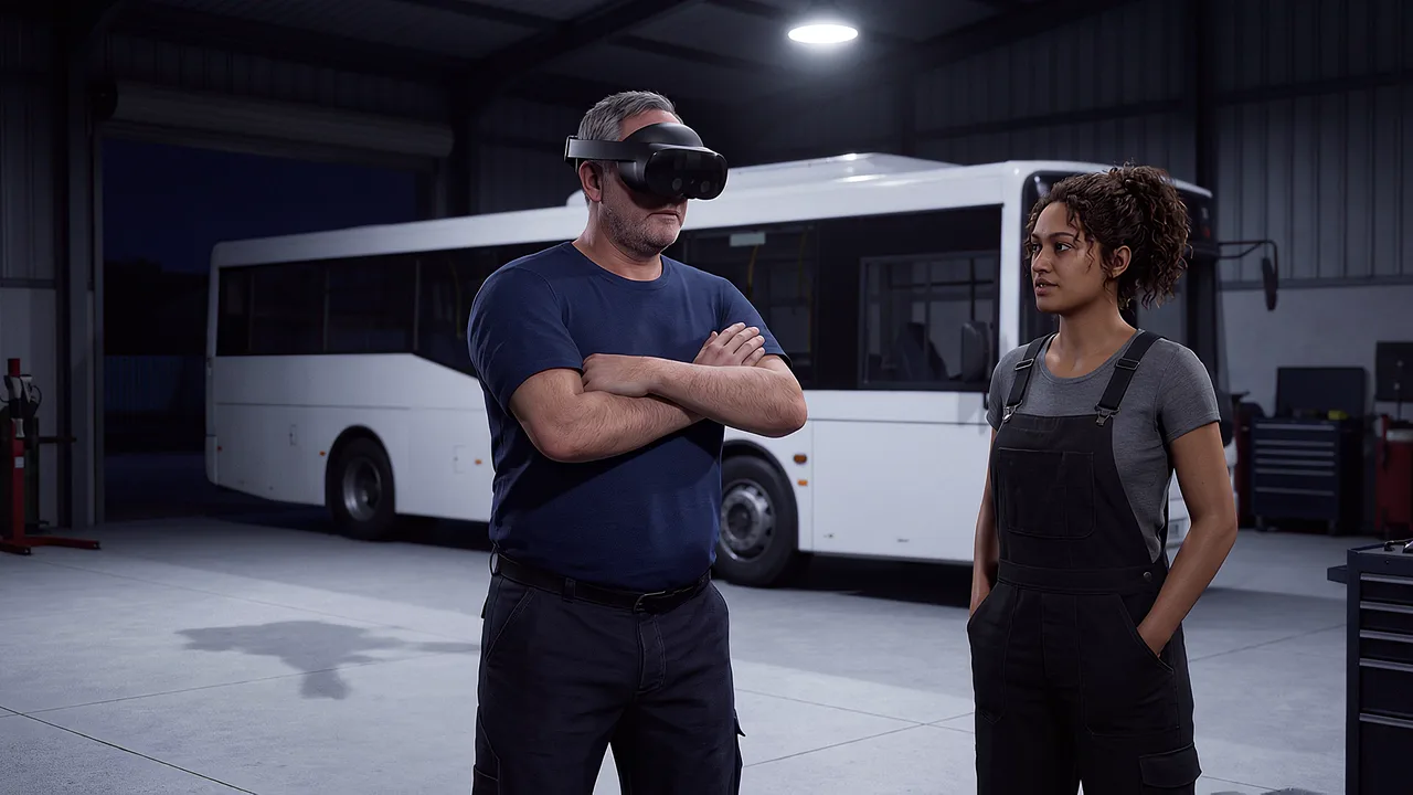 A mechanic wearing a headset stands with his arms folded beside an apprentice in a depot at night, a bus behind them, a VR transport scenario.
