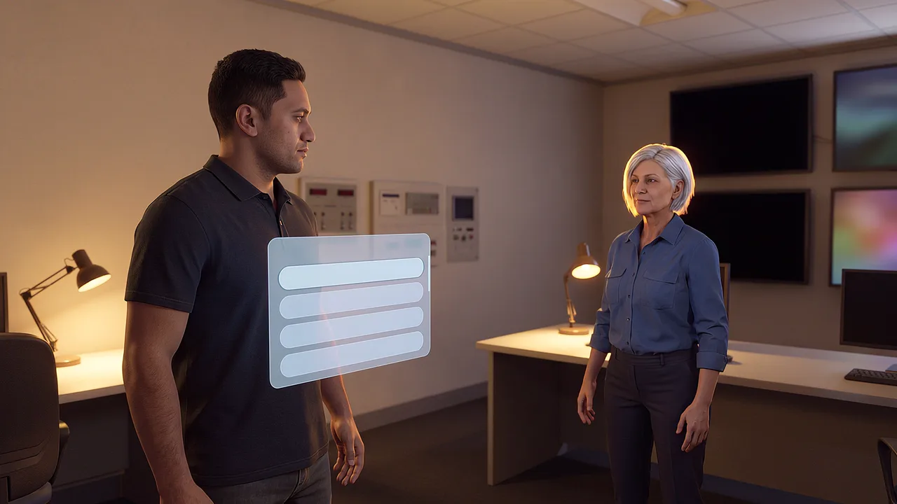 Two colleagues talk across a control room with a floating panel of replies between them, seen through the headset.