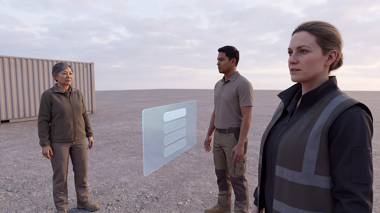 Three colleagues stand apart across a freight yard. A first person VR training scenario for transport and logistics, seen through the headset.