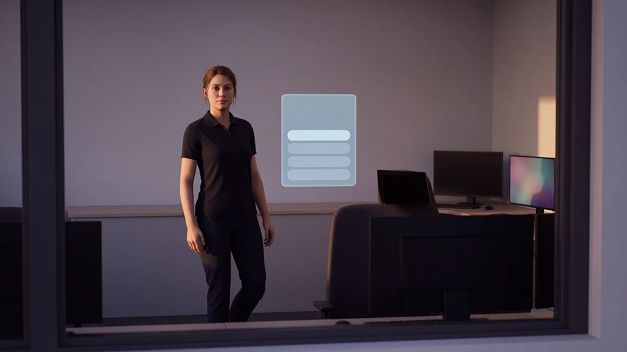 A dispatcher stands alone in a dim control room with a floating panel of replies beside her, seen through the headset.