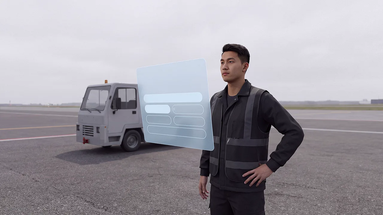 A ground crew learner stands on a ramp. A first person VR training scenario for transport and logistics, seen through the headset.