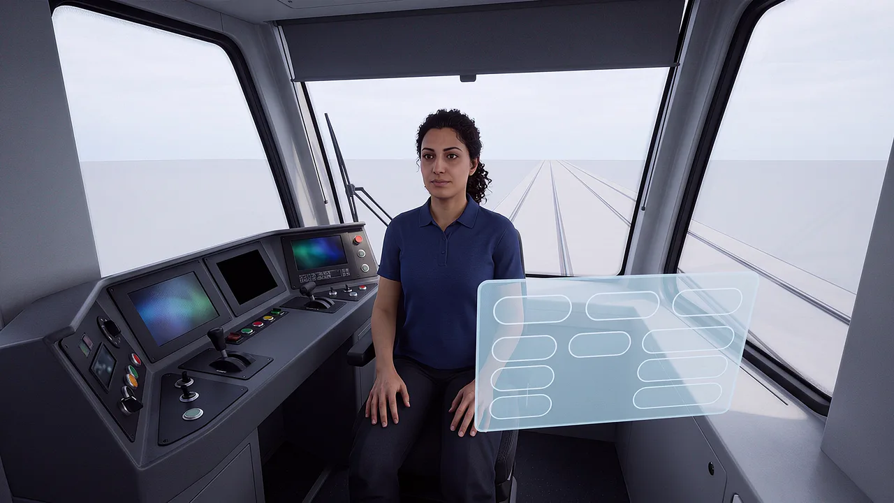 A tram driver faces an empty track ahead from the cab, a floating panel of replies beside the controls, seen through the headset.