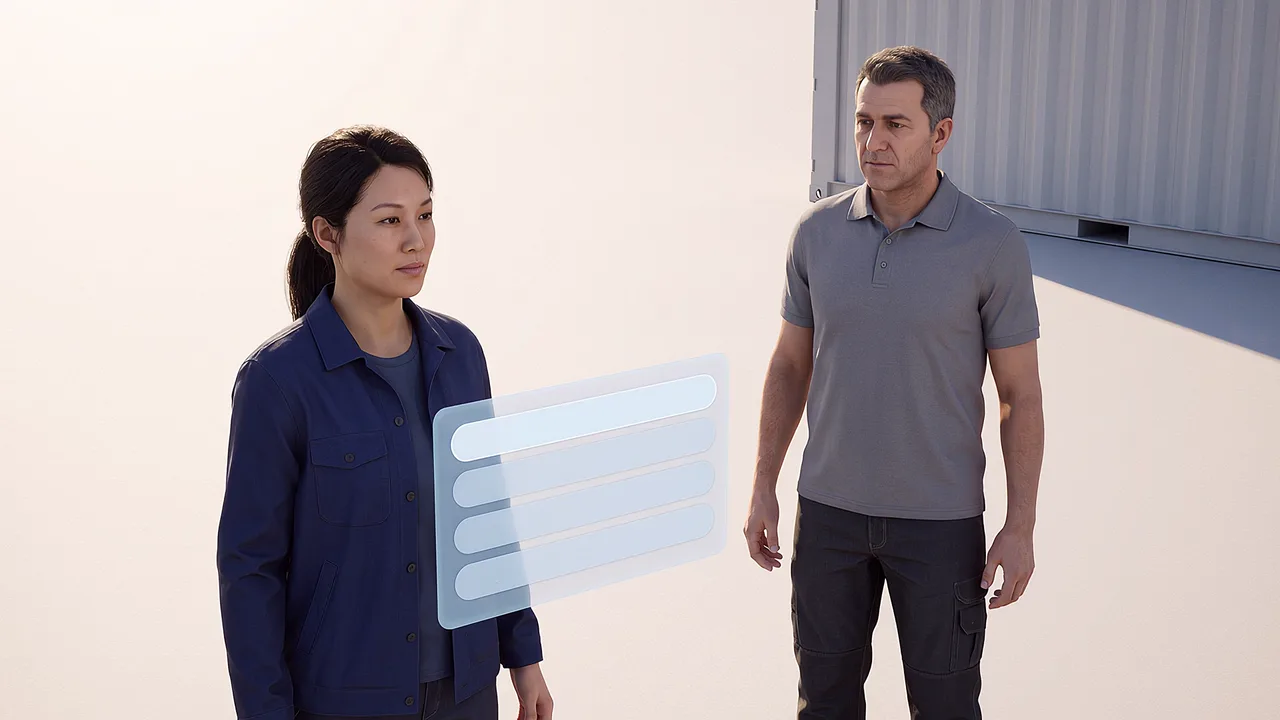 Two colleagues talk across a freight yard with a floating panel of replies between them, seen through the headset.