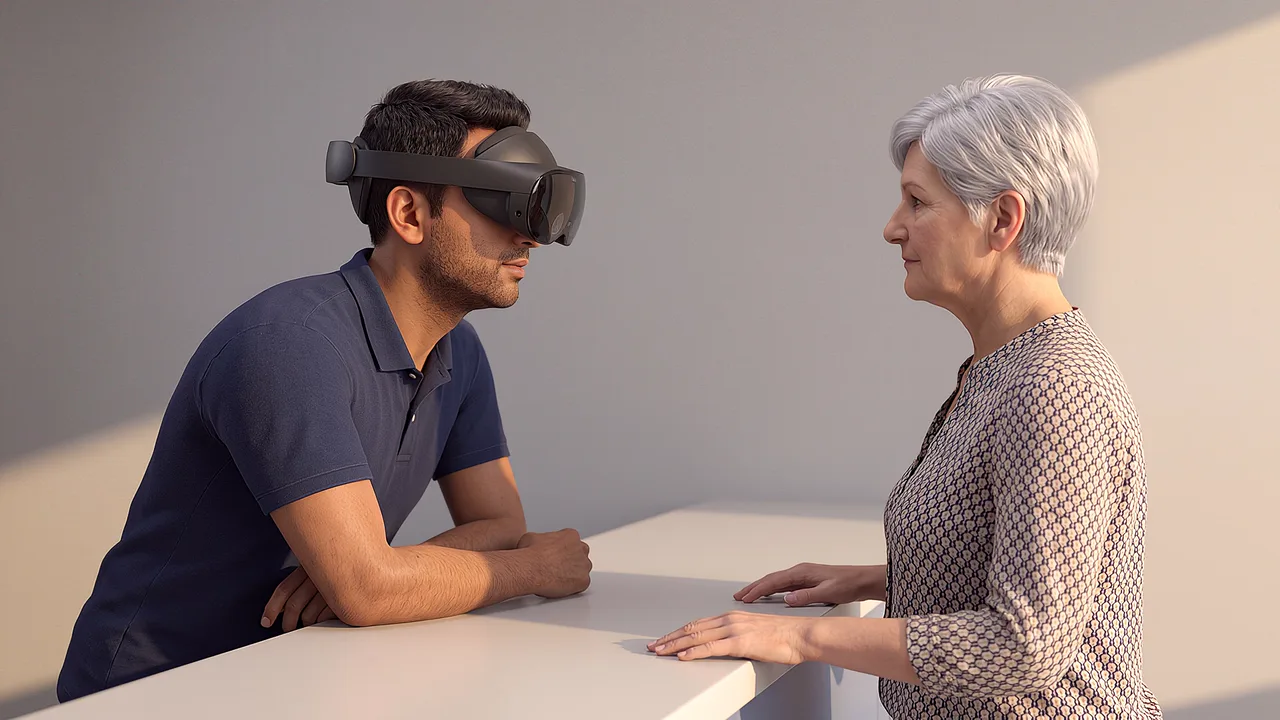 A service officer wearing a headset leans on a counter listening to an older woman, a VR transport scenario.