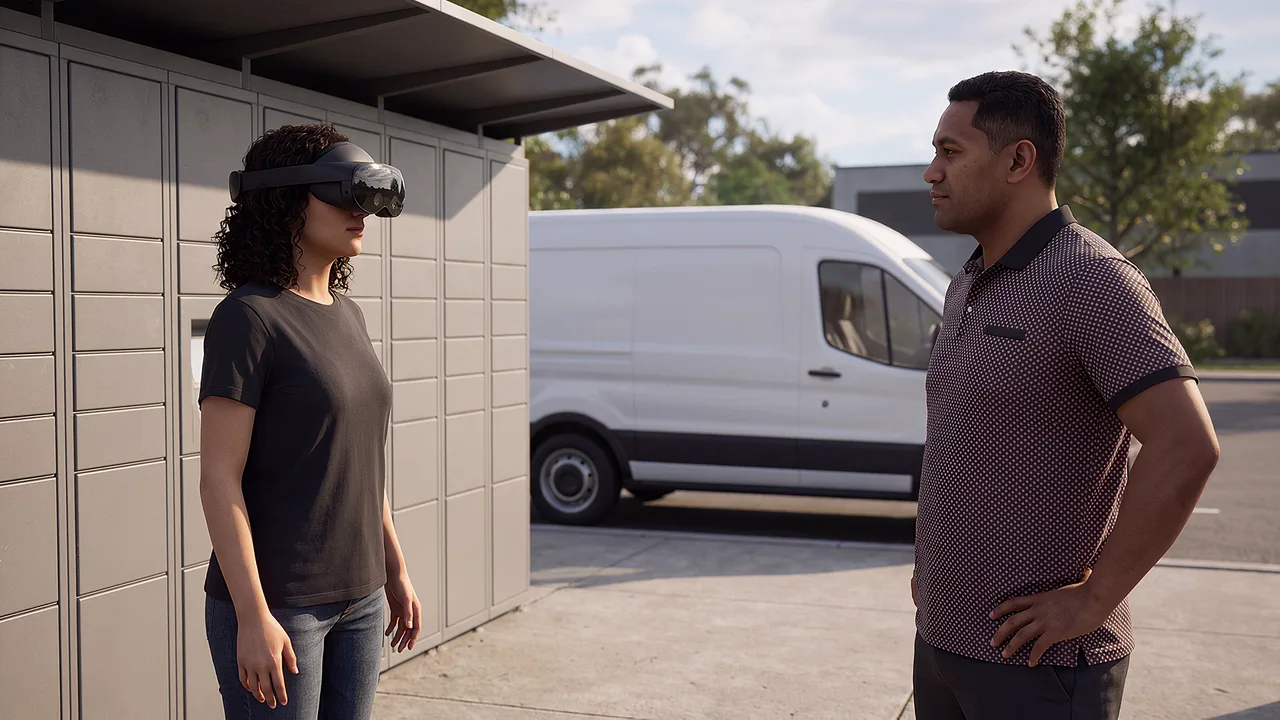 A courier meets a customer at parcel lockers. A VR training scenario for transport and logistics.