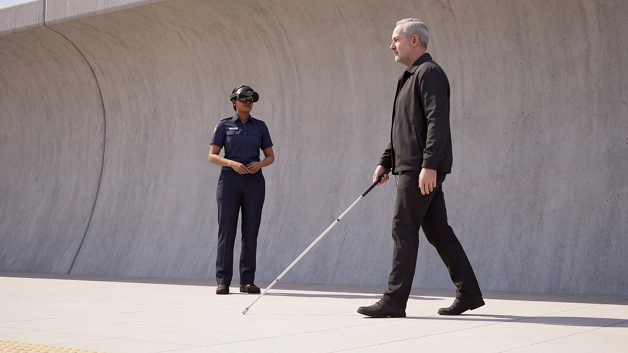 A cane user walks past the station officer. A VR training scenario for transport and logistics.