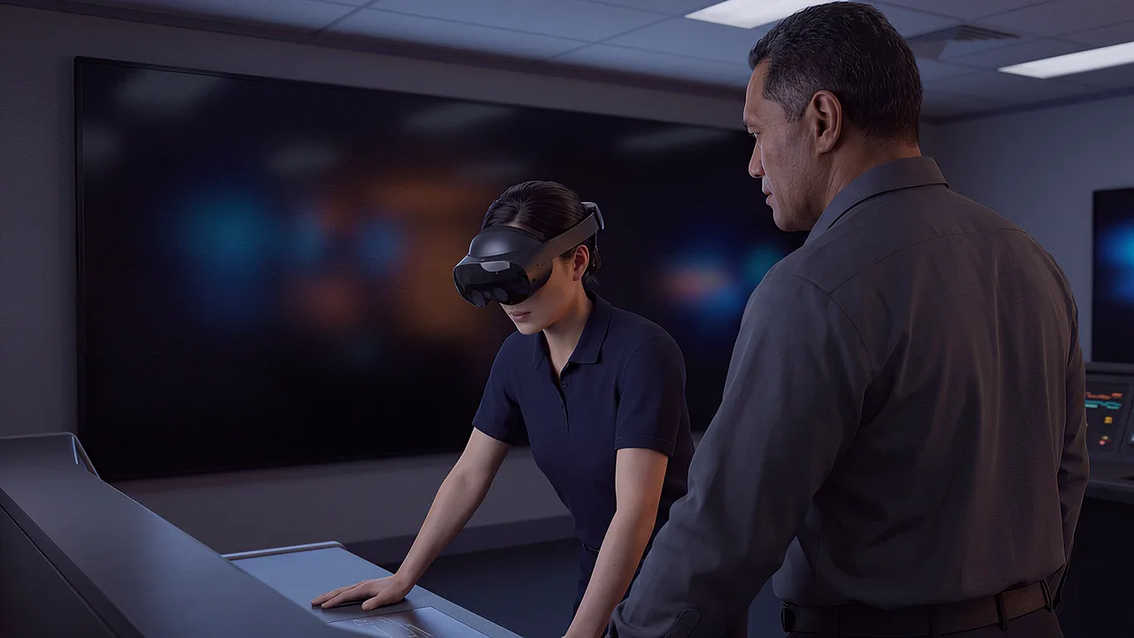 A rail trainer and a trainee wearing a headset share one screen in a dim signal room, a VR transport scenario.