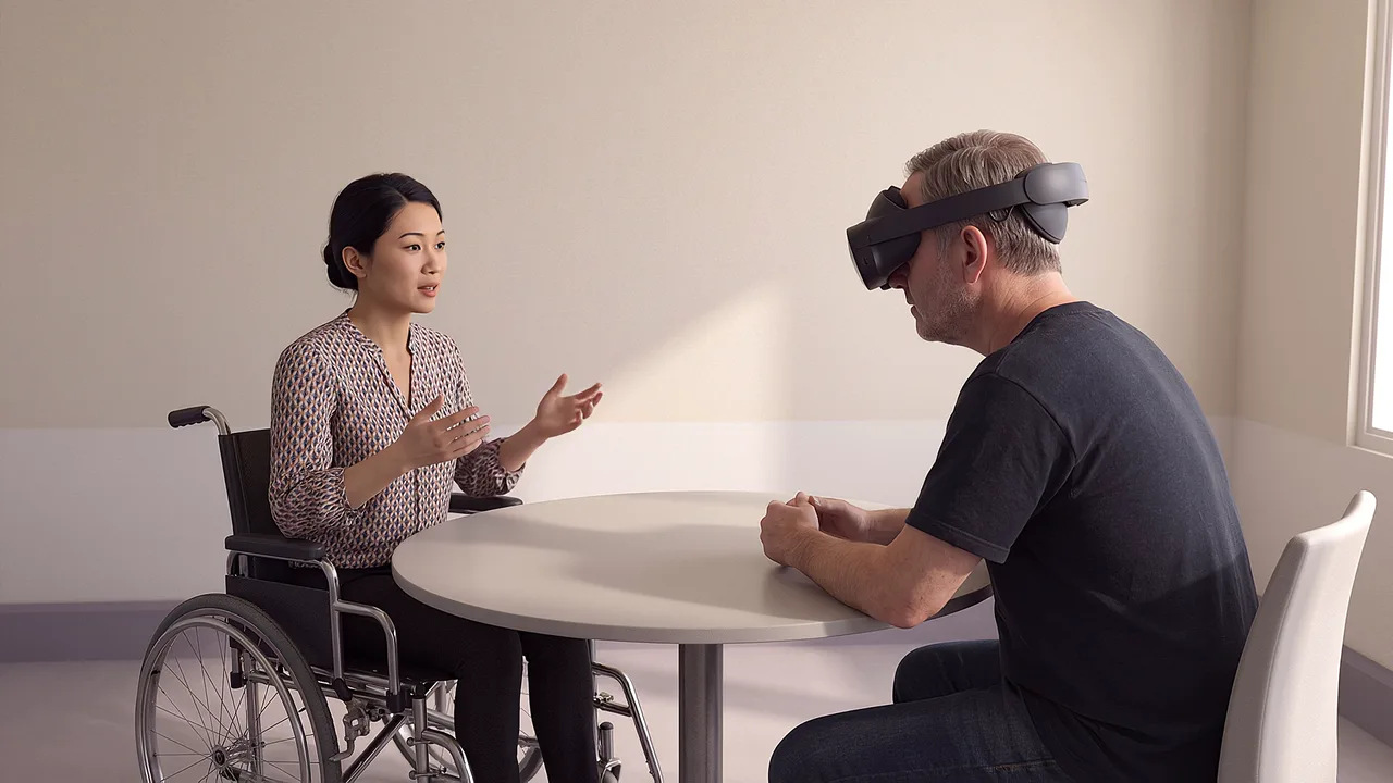 A team member and manager discuss an adjustment. A VR training scenario for cross-sector.