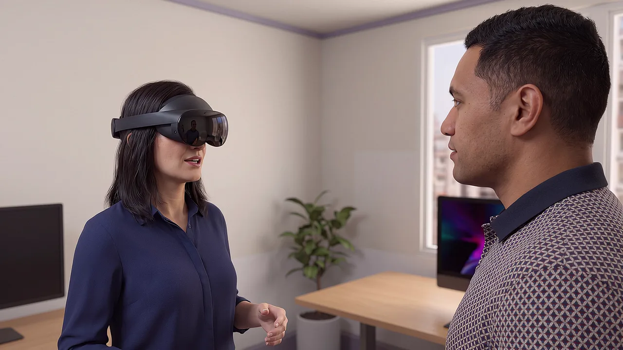 A team leader discusses escalation with a colleague. A VR training scenario for cross-sector.