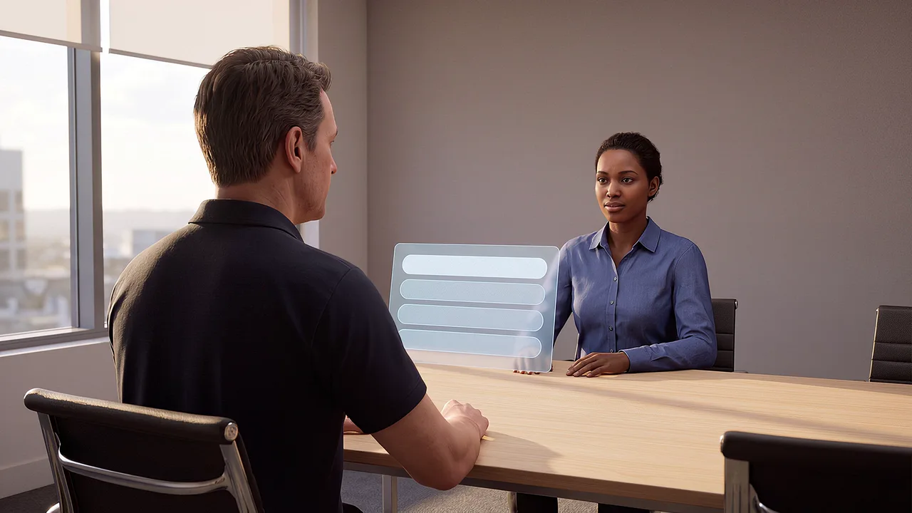 Colleagues talk across a meeting room table, a panel of replies between them, seen through the headset.