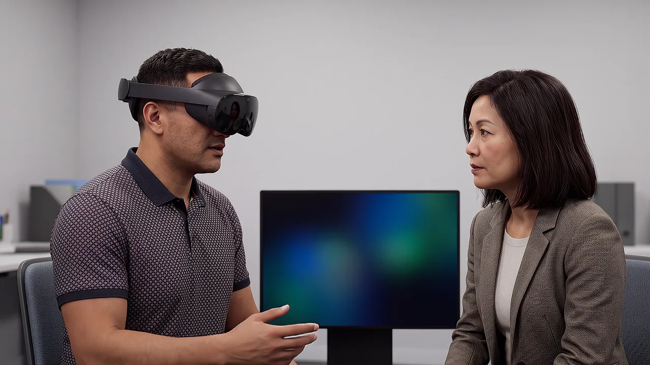 A practitioner rehearses a conversation beside a facilitator. An AI roleplay scenario for AI roleplay and practice.
