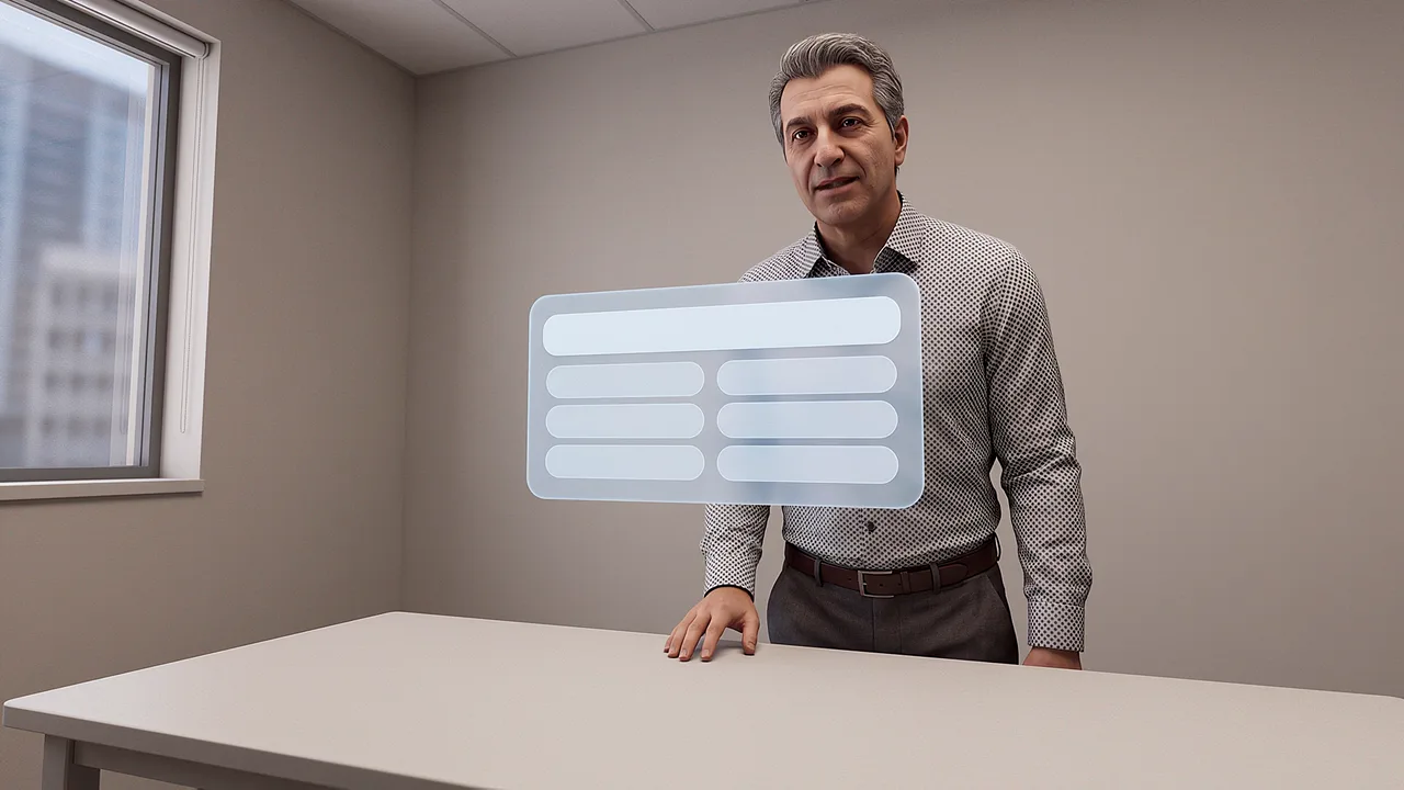 An adviser at a consultation table, for practising an advice conversation. A first person AI roleplay scenario for applied AI in sensitive conversations, seen through the headset.