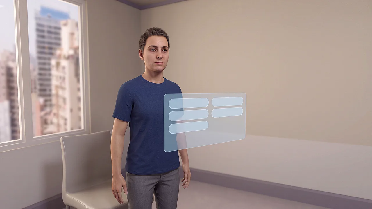 A visitor beside an empty chair in a consultation room, for practising a first meeting. A first person AI roleplay scenario for applied AI in sensitive conversations, seen through the headset.
