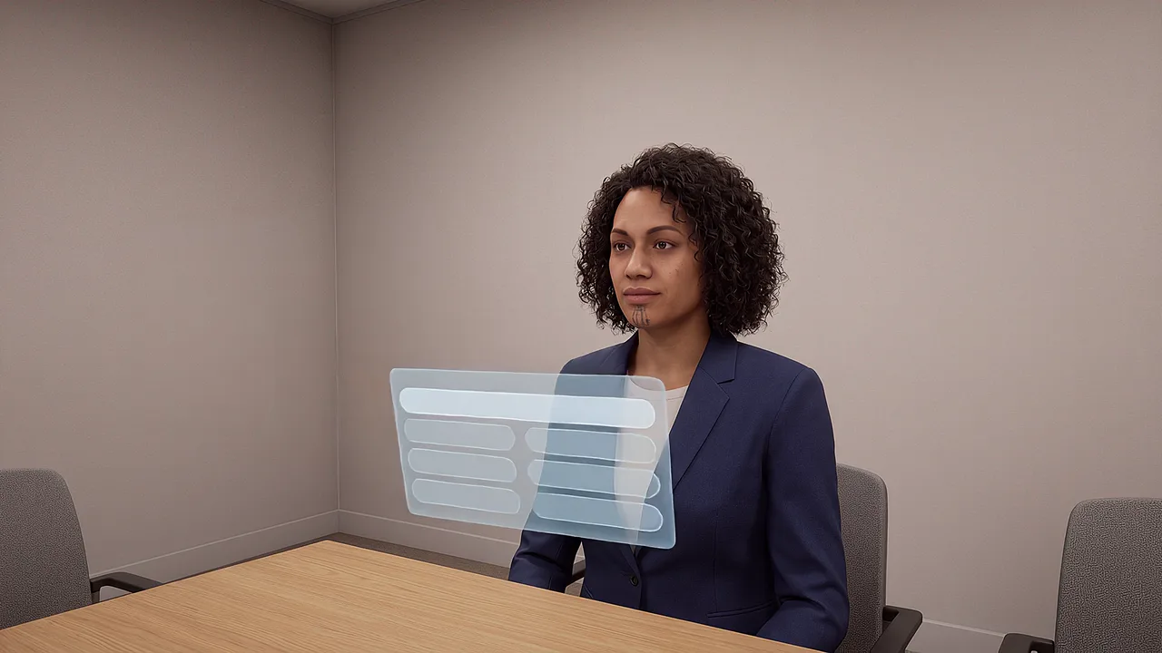 A colleague seated across a meeting table, for practising feedback. A first person AI roleplay scenario for applied AI in sensitive conversations, seen through the headset.