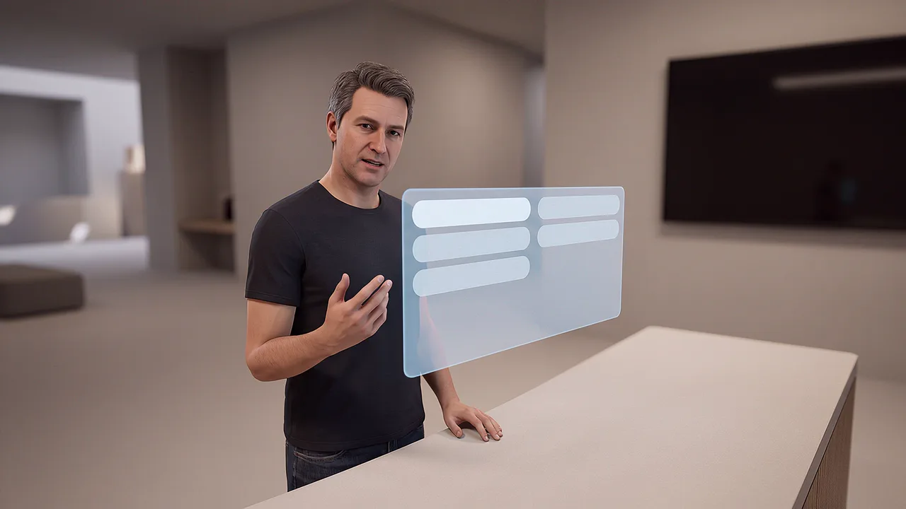 A customer at a plain counter, for practising a service conversation. A first person AI roleplay scenario for applied AI in sensitive conversations, seen through the headset.