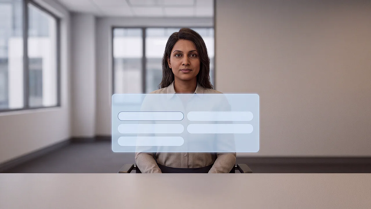 Practising a hard conversation with a manager across a desk, replies floating in view. A first person AI roleplay scenario for applied AI in sensitive conversations, seen through the headset.