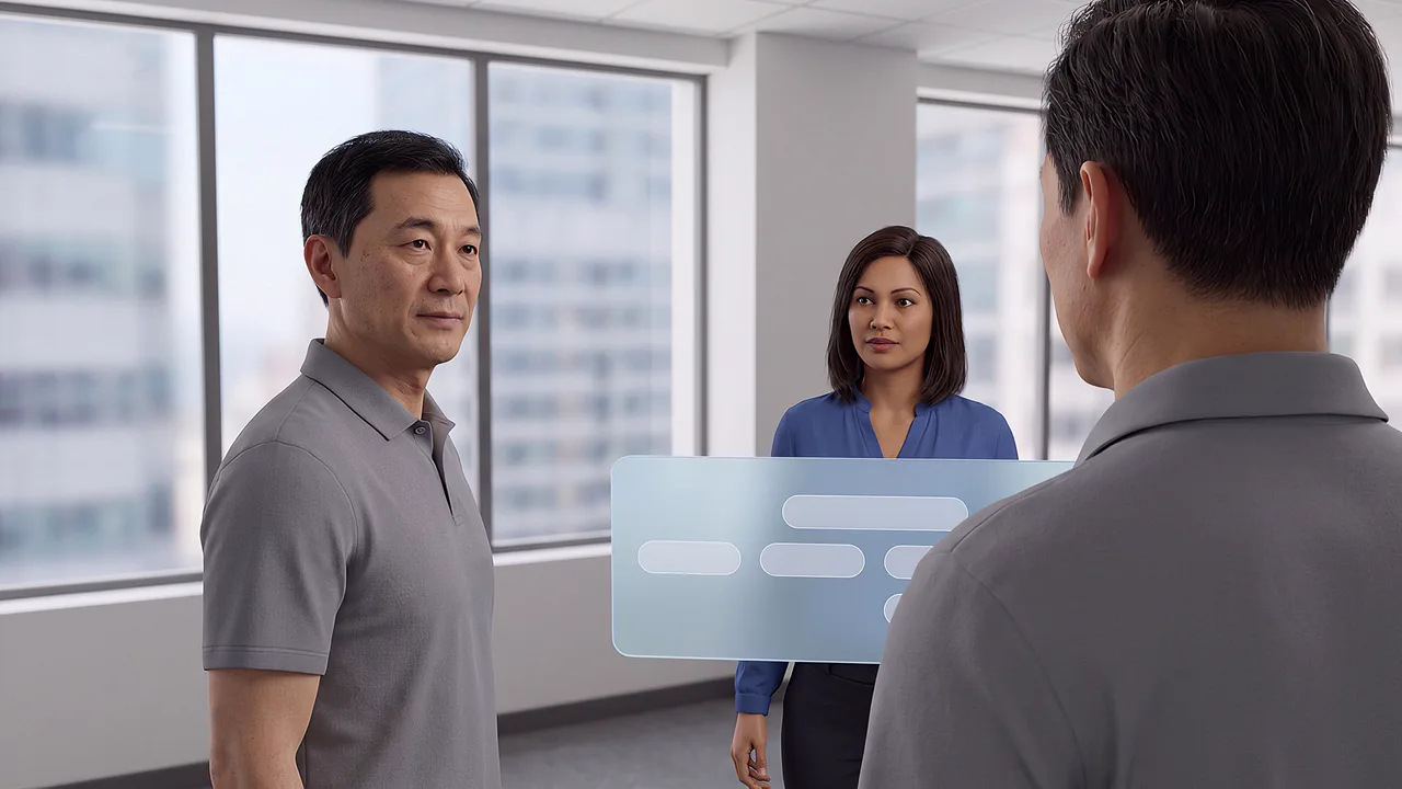 Two interviewers at a table, one nearer than the other, for practising an interview. A first person AI roleplay scenario for applied AI in sensitive conversations, seen through the headset.