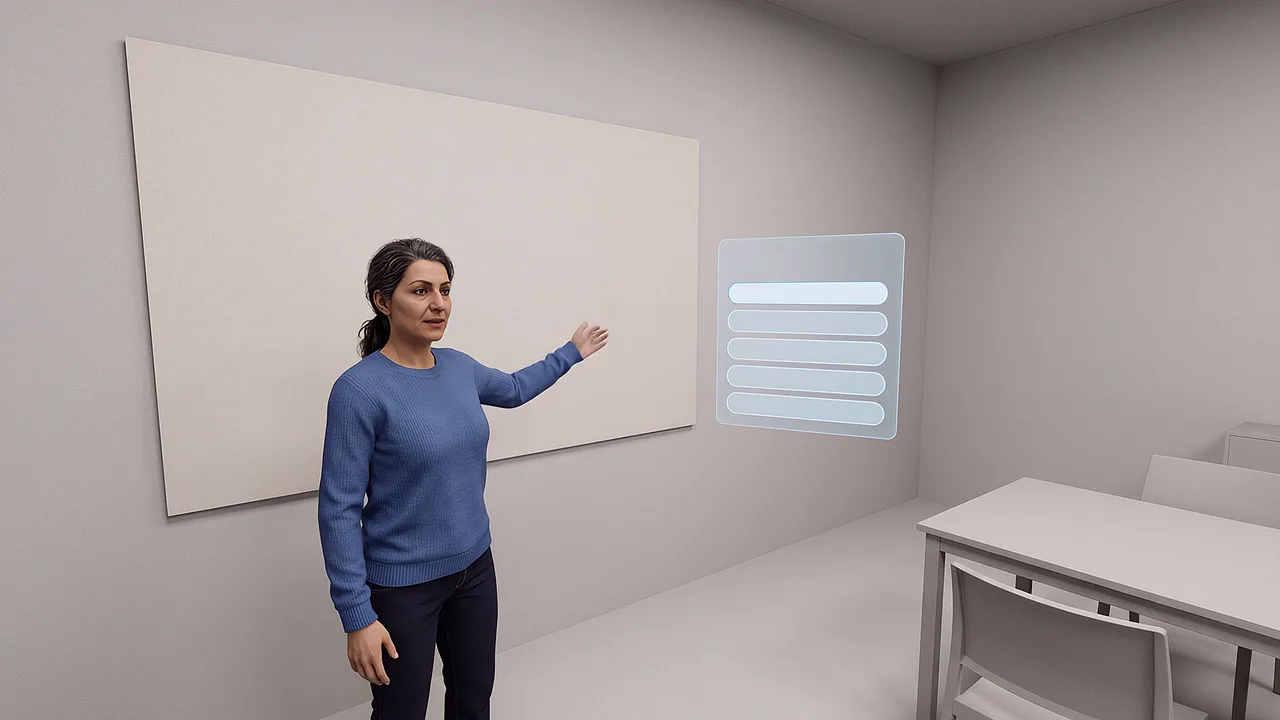 A supervisor beside a blank wall panel, for practising a conversation with a supervisor. A first person AI roleplay scenario for applied AI in sensitive conversations, seen through the headset.