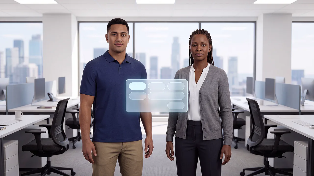 Colleagues in an open team area, for practising a team conversation. A first person AI roleplay scenario for applied AI in sensitive conversations, seen through the headset.