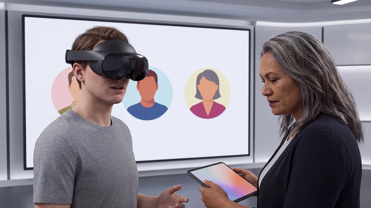 Designers compare abstract character shapes on screen. An AI roleplay scenario for digital twins.