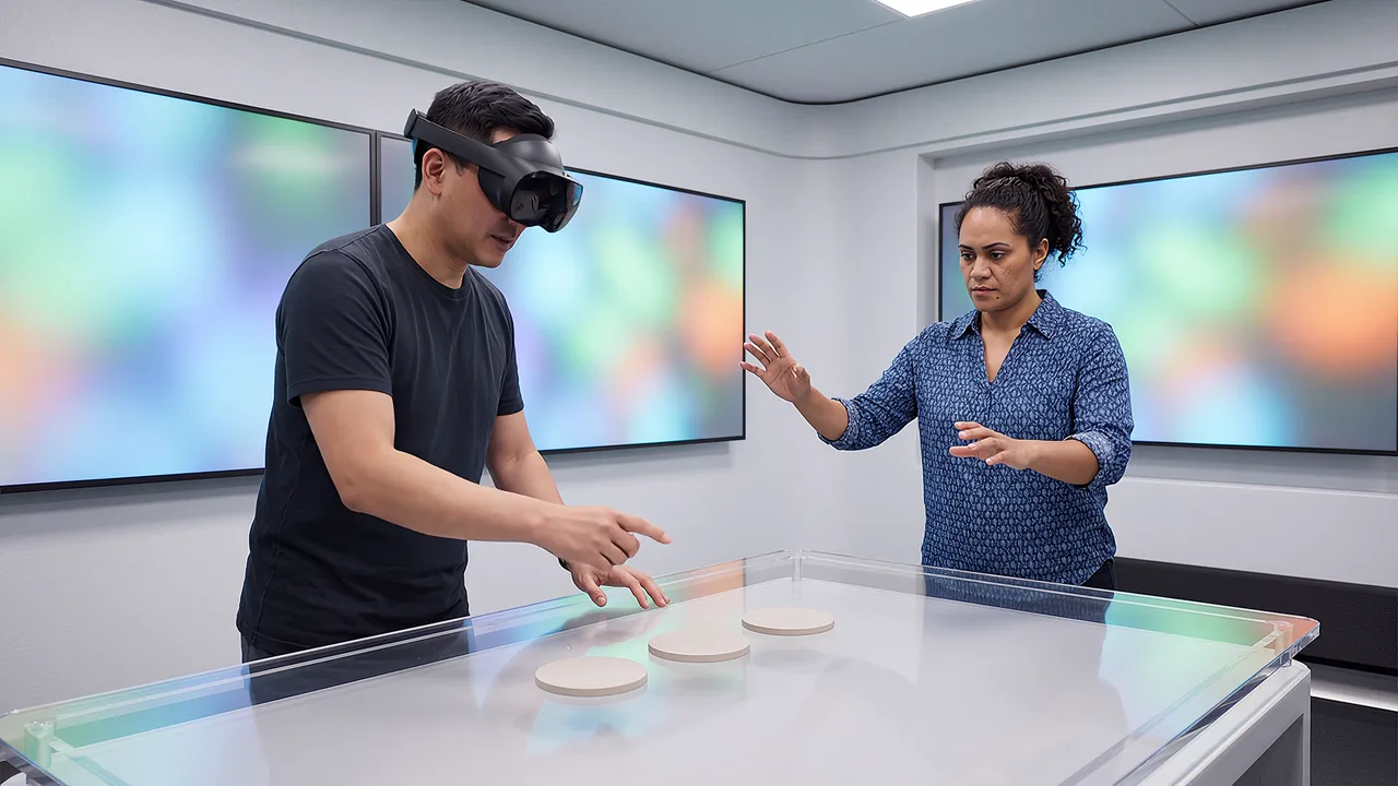 Colleagues review blank tokens for AI safety on a glass table. An AI roleplay scenario for custom AI experiences.