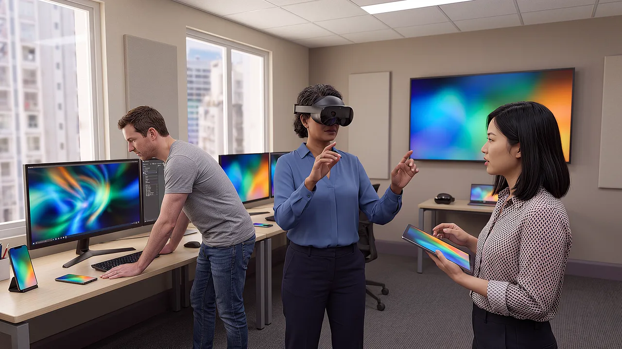 Three colleagues review a build together on a large screen.