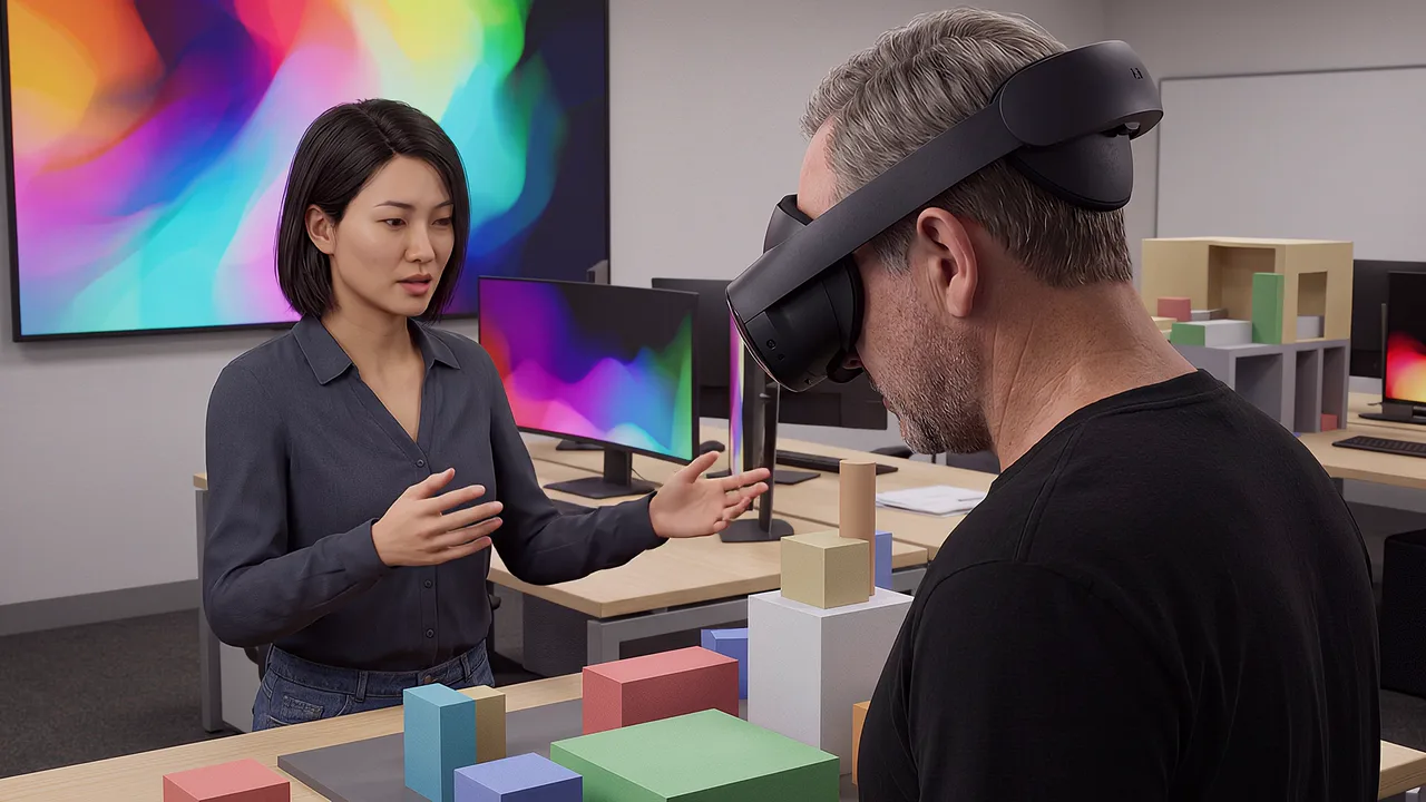 A woman explains a model of coloured blocks on a desk to a man wearing a headset, screens showing colour fields behind them.